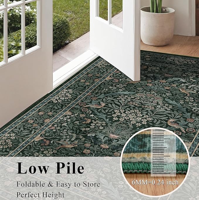 5x7 Floral Washable Area Rug for Living Room, Vintage Boho Rugs for Bedroom Dining Room, Botanical Birds Non Slip Low Pile Forest Throw Carpet for Farmhouse Office, Retro Green/Blue