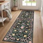 Washable Non-Slip Runner Rugs 2X6, Black Rug Boho Farmhouse Bow Floral Area Rug for Hallway Kitchen Bedroom Beside Laundry Room Bathroom Rug, Low Pile Stain Resistant Soft Floor Carpet