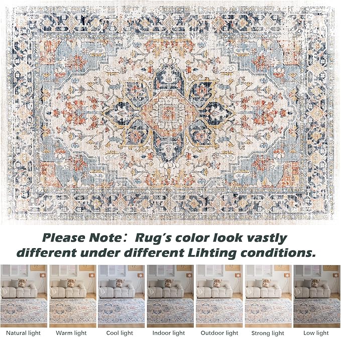 VK VK·LIVING Machine Washable Rug 4'x6' Vintage Design Washable Area Rugs with Non Slip Rugs for Living Room Bedroom Traditional Woven Carpet Stain Resistant,Home Decor Office Boho Rug, Blue&Orange