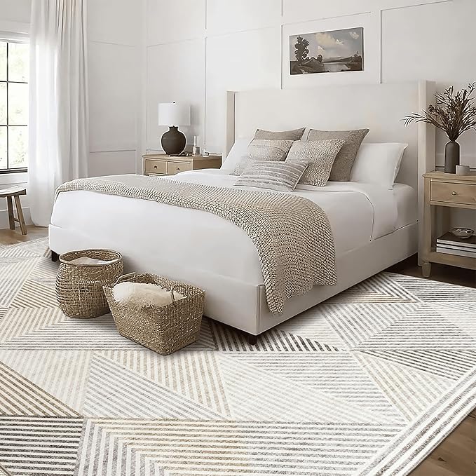 ReaLife Rugs Machine Washable Area Rug - Living Room Bedroom Bathroom Kitchen Entryway Office - Padded Low Pile Stain Resistant Premium - Modern Geometric Contemporary - Miles - Beige 4' x 6'