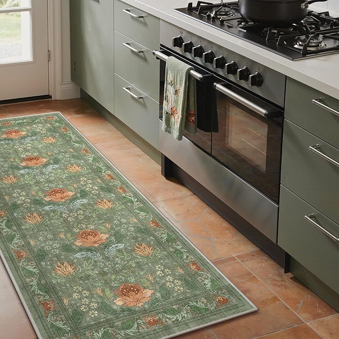Bavni 2'6''x6 Runner Rug,Microfiber Washable Non-Slip Vintage Floral Rugs,Low Pile Lightweight Carpet for Bedroom,Hallway,Entryway,Kitchen,Bathroom, Bean Green