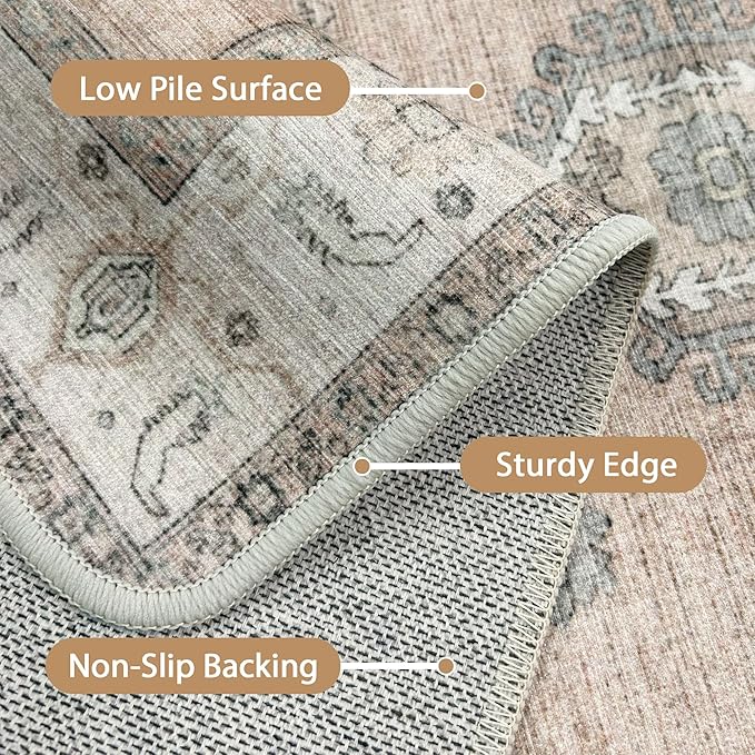 GENIMO 5x7 Area Rugs for Living Room, Machine Washable Non Slip Vintage Retro Rugs, Low Pile Lightweight Chenille Print Rug for Bedroom, Dining Room, Home Office, Salmon