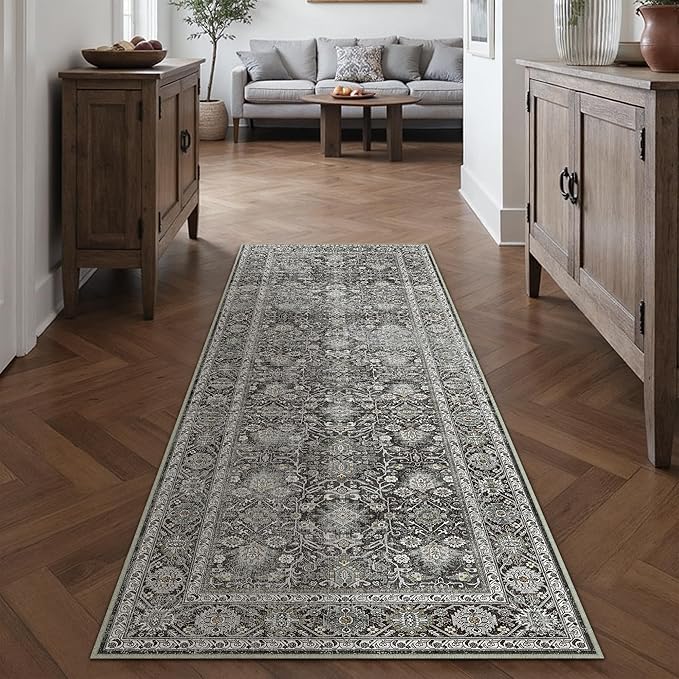 Black Runner Rug 2x6 Vintage Area Carpet Hallway Long Indoor Kitchen Washable Living Room Low Pile Traditional Distressed Retro Accent Throw Rug Non Slip Laundry Bathroom Office Dining Room