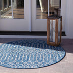 Unique Loom Outdoor Trellis Collection Area Rug - Tribal Trellis (4' 1" Round, Blue/ Ivory)