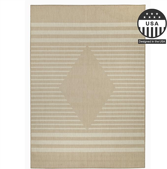 FH Home Flat Woven Outdoor Rug - Waterproof, Easy to Clean, Stain Resistant - Premium Polypropylene Yarn - Modern Geometric Kilim - Patio, Deck, Porch, Balcony - Mesa - Beige - 2ft 7in x 4ft 11in