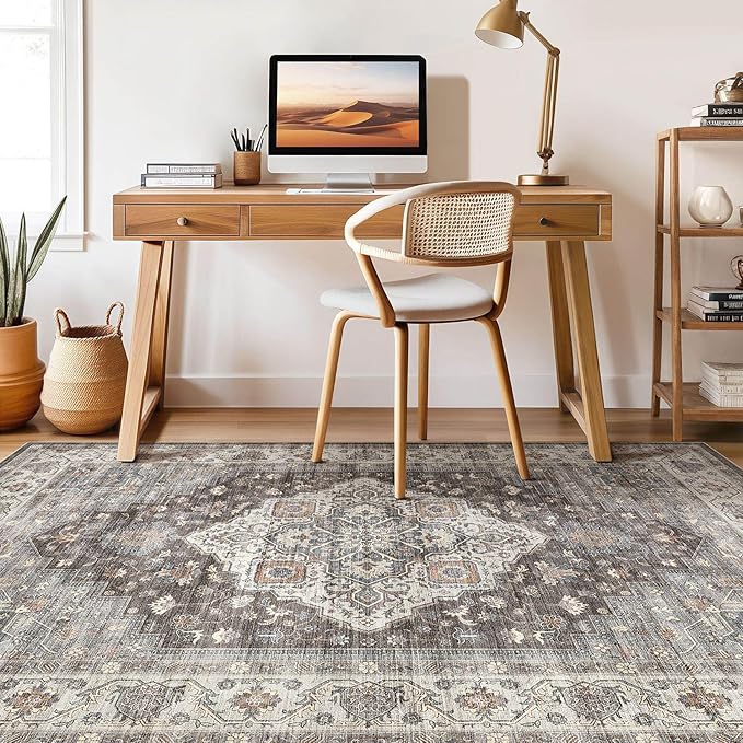 8x10 Area Rugs Living Room: Washable Boho Large Neutral Vintage Soft Rug Stain Resistant Farmhouse Non-Slip Indoor Floor Carpet for Bedroom Nursery Kids Office Dining Room Playroom- Grey Brown