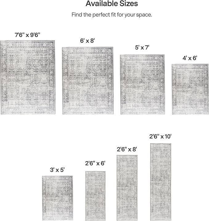 ReaLife Rugs Machine Washable Area Rug Runner - Living Room Bedroom Bathroom Kitchen Entryway Office - Padded Low Pile Stain Resistant Premium - Boho Farmhouse Vintage - Noor - Silver Ivory 2'6" x 6'