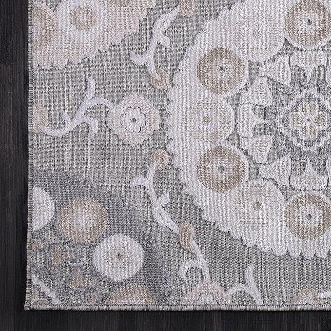 CAMILSON Indoor Outdoor Rug 10x14 Bohemian Medallion Floral Area Rugs for Indoor and Outdoor Patios Easy-Cleaning Non-Shedding Living Room Garden and Kitchen Washable Outside Carpet (10 x 14 / Beige)