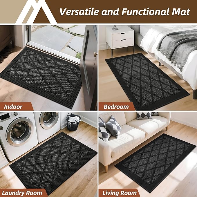 COSY HOMEER Non-Slip Door Mat 32"x48", Entryway Rugs Low Profile Absorbent Dirt Trapper Doormat for Front Entrance, Washable Polypropylene Entry Mat (Black)