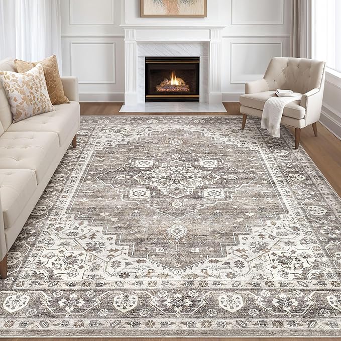 8x10 Area Rugs Living Room: Washable Boho Large Neutral Vintage Soft Rug Stain Resistant Farmhouse Non-Slip Indoor Rustic Floor Carpet for Bedroom Nursery Kids Playroom Office Dining Room- Dark Brown