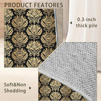 Black Damask Flower Golden Carpet for Living Room, 5x7 Non-Slip Washable Low Pile Abstract Design Rug, Space Saving Area Rug for Bedroom, Dining Room