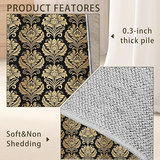 Black Damask Flower Golden Carpet for Living Room, 5x7 Non-Slip Washable Low Pile Abstract Design Rug, Space Saving Area Rug for Bedroom, Dining Room