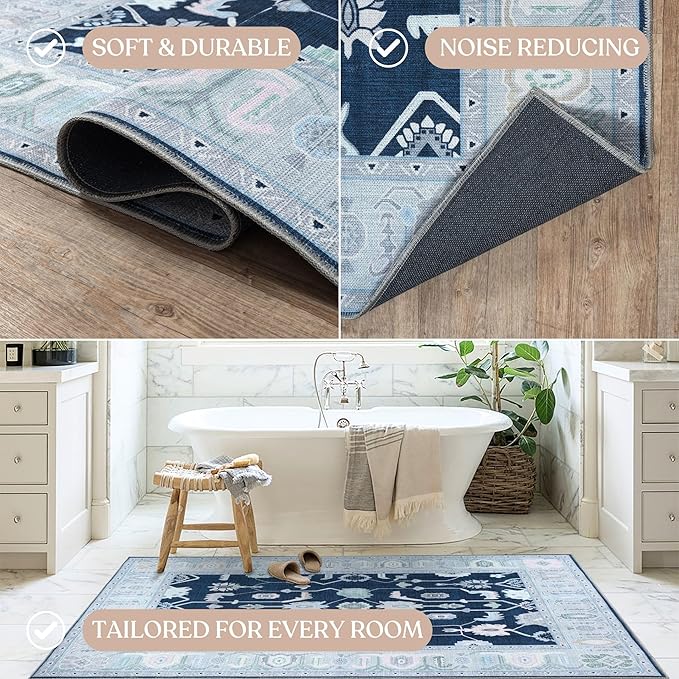 Fame Living Navy Blue Oushak Rug, Modern, Vintage, Turkish, Eclectic, Floral, Pastel, Washable, Area Rugs for Living Room, Dining, Bedroom, Office, Entryway, Foyer, Playroom, Nursery, 5'x6'9"