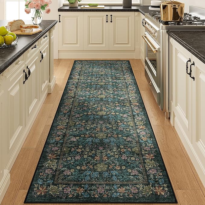 DOKINO 2x10 Runner Rug for Hallway, Vintage Washable Long Kitchen Rug with Low Pile Design, Floral Non Slip Soft Carpet Runner for Hallway, Kitchen, Bathroom, Bedroom, Blue