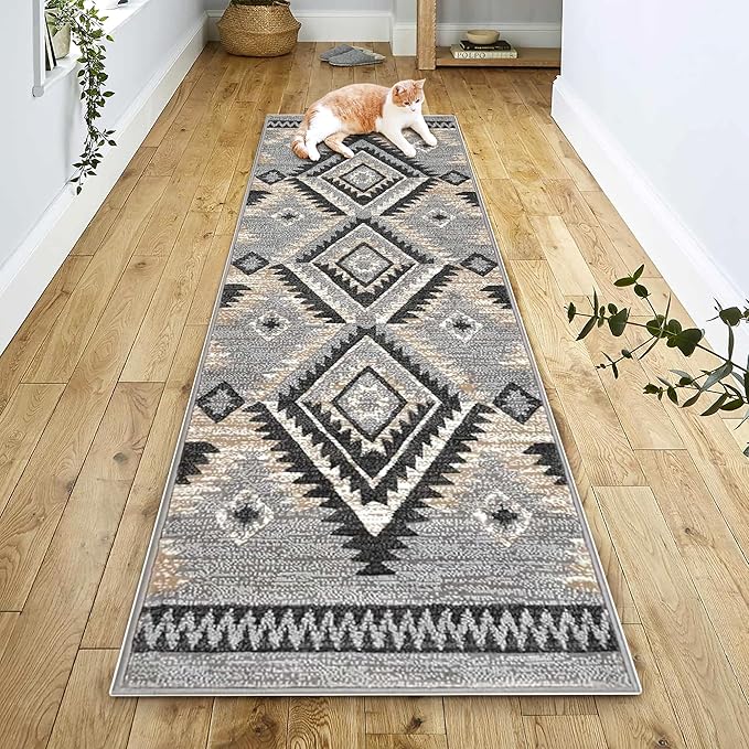 YHSF South West Native American Rug Ritz – Native Tribal American Indian Inspired Rug - Living Room, Bedroom, Hallway, Entryway & High-Traffic Area Rugs - Washable - Soft - Light Grey, 2 Feet x 7 Feet