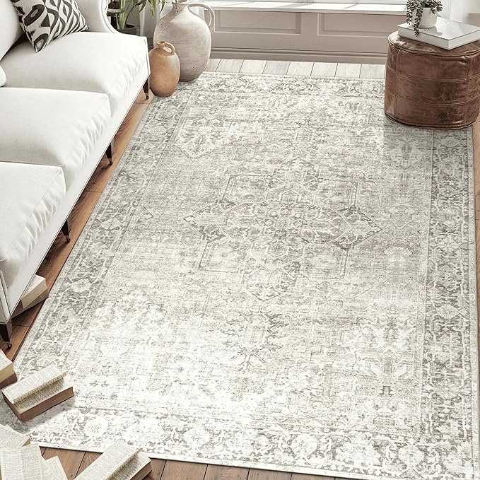 ReaLife Rugs Machine Washable Area Rug - Living Room Bedroom Bathroom Kitchen Entryway Office - Padded Low Pile Stain Resistant Premium - Boho Farmhouse Vintage - Lyle - Beige Ivory 5' x 7'
