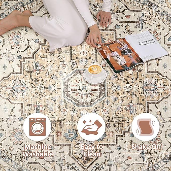 Round Rug Living Room Rugs: 8Ft Washable Boho Neutral Large Circle Soft Indoor Floral Stain Resistant Floor Farmhouse Carpet for Bedroom Nursery Kids Playroom Office Dining Room Dorm Home- Cream Blue