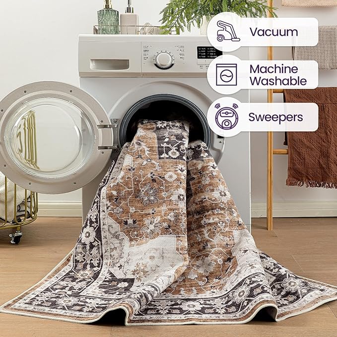DEXI 5x8 Area Rug for Living Room, Washable Vintage Farmhouse Thin Rug Indoor Floor, Non Slip Stain Resistant Low Pile Carpet for Dining Room Bedroom Office, Brown