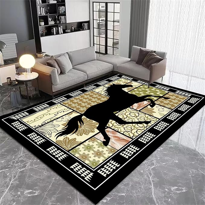 Western Horse Print Rugs 7x10ft,Boho Floral Area Rug, Botanical Print Low Pile Carpet, Stain-Resistant & Machine Washable Non-Slip Mat for Living Room, Bedroom, Dining Room