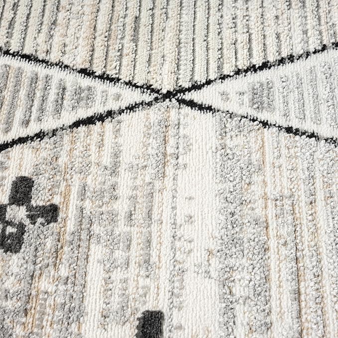 Abani Viva Cream & Grey Area Rug 4' x 6' for Living Room, Bedroom - Farmhouse Diamond Pattern - Durable & Easy to Clean