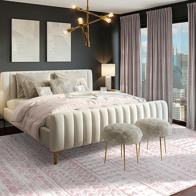 6x9 Machine Washable Area Rug for Living Room, Pink Vintage Moroccan Rug Large Non-Slip Low Pile Soft Faux Wool Carpet, Kids and Pets Friendly for Bedroom Dining Room Farmhouse Home Decor Rug