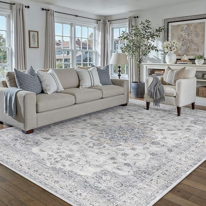 HUGEAR Machine Washable Area Rugs 6x9 Vintage Blue Living Room Bedroom Rug Neutral Style Non Slip Stain Resistant Low Pile Throw Carpet for Home Retro Aesthetic Modern Decor