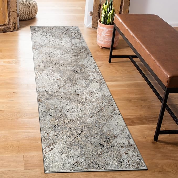Rugshop Drifted Marble Abstract Area Rug Durable, Kid & Pet Friendly Gray, Ivory, Neutral Tones 2' 3" x 6' Runner Ideal for Hallway, Kitchen, Entryway, or Behind The Sofa