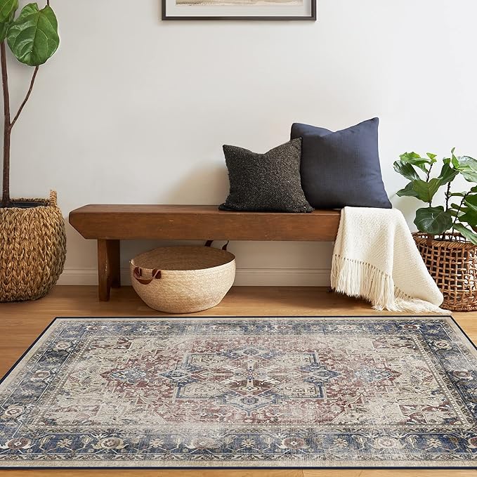 RUGGABLE Washable Area Rug – Kamran Royal Blue 4x6, Stain-Resistant, Non-Slip – Medium Machine Washable Rugs for Living Room, Bedroom, Hallway, Entryway & Office–with Cushioned Pad