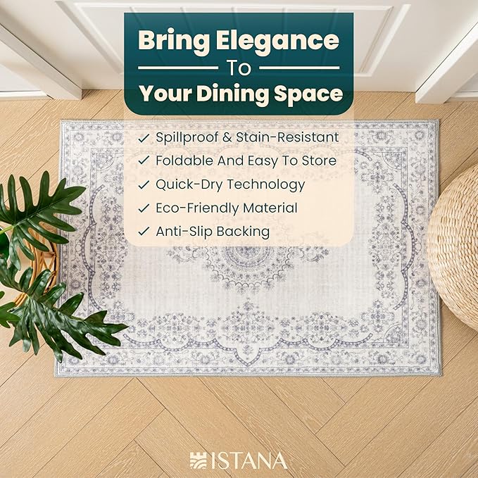 Istana Small Rug 2x3 - Grey/White Cream Rugs for Living Room - Foldable 2x3 Washable Rug Non Slip - Non-Shedding Area Rug Living Room - Anti-Slip Oriental Rugs w/Soft Microfiber