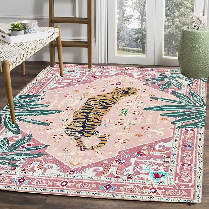 Pink Rug 4x6 Oriental Washable Non-Slip Tiger Rug Ultra Soft Vintage Print Tropical Carpet for Living Dining Playroom Nursery Camper