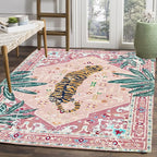 Pink Rug 4x6 Oriental Washable Non-Slip Tiger Rug Ultra Soft Vintage Print Tropical Carpet for Living Dining Playroom Nursery Camper
