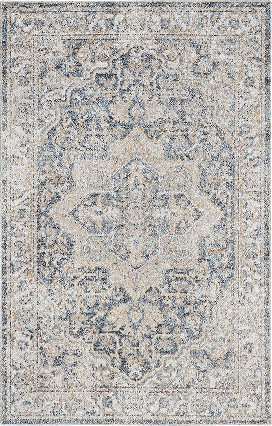 Nourison Home Astra Machine Washable Traditional Grey/Blue 4' x 6' Area Rug, Easy Clean, Non Shedding, Bed Room, Living Room, Dining Room, Kitchen (4x6)