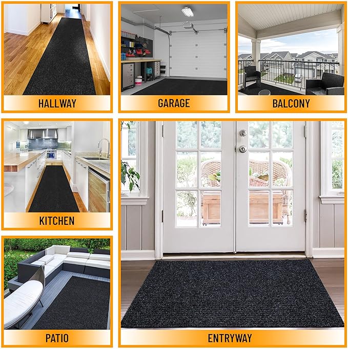 Ottomanson 3'11" x 12' Hallway Runner with Scraper Pile - Extra Durable Non-Slip Rug Mat for Indoor & Outdoor Use - Ideal for Kitchen, Entryway & Garage - High-Traffic Carpet, Black