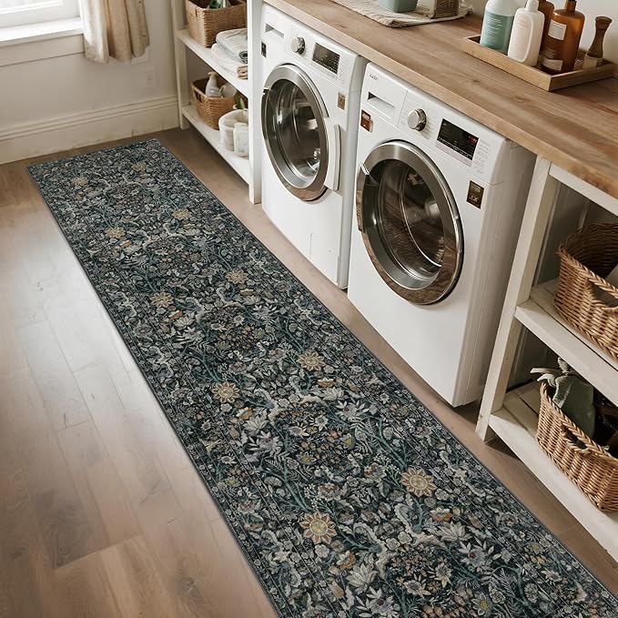 Washable Runner Rug 2x12: Vintage Boho Floral Carpet Runners for Hallway Entryway Non-Slip - Soft Botanical Low Pile Thin Mat for Kitchen Bathroom Bedroom Laundry Floor Decor - Dark Green