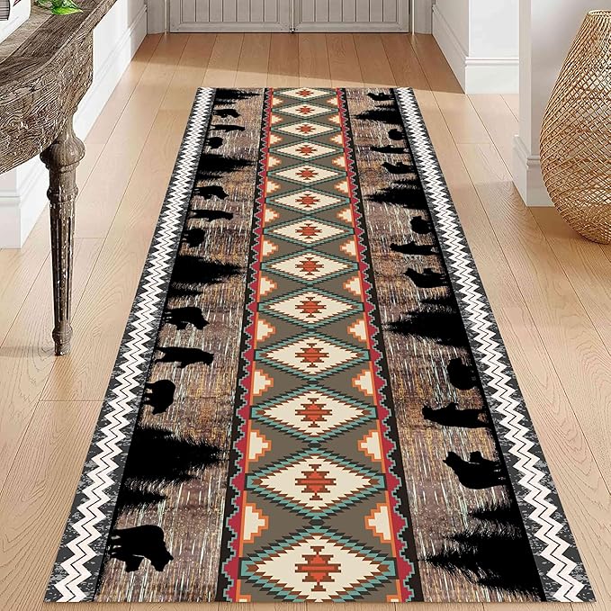 Southwestern Runner Rug, 4x12ft, Rustic Lodge Aztec Country Bear Decorative Runner Rug, Vintage Forest Birch Wild Animal Print Entrance Hallway Rug, Soft Non-Slip Carpet for Living Room Bedroom