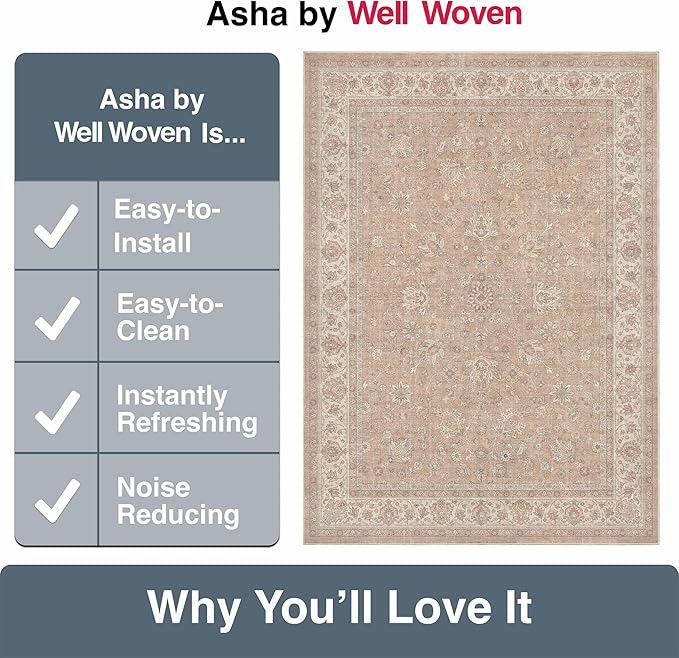 Well Woven Asha Rome Beige Cream 2'3" x 7'3" Runner Rug - Oriental Floral Pattern, Easy Clean, Floor-Friendly Backing - for Hallway, Entryway, and Kitchen