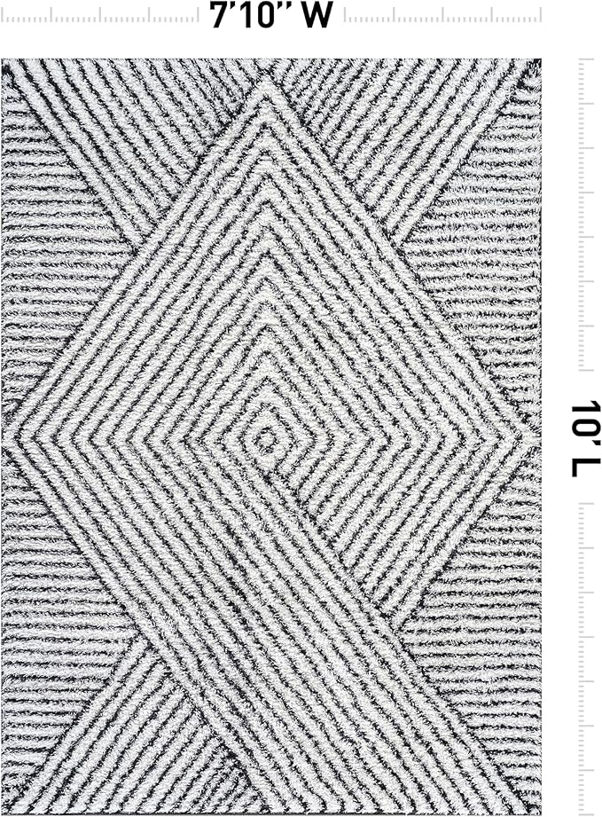 Rugshop Geometric Diamond Stripe Shag Area Rug White 7' 10" x 10' Perfect for Large Living Rooms, Dining Areas, or Master Bedrooms