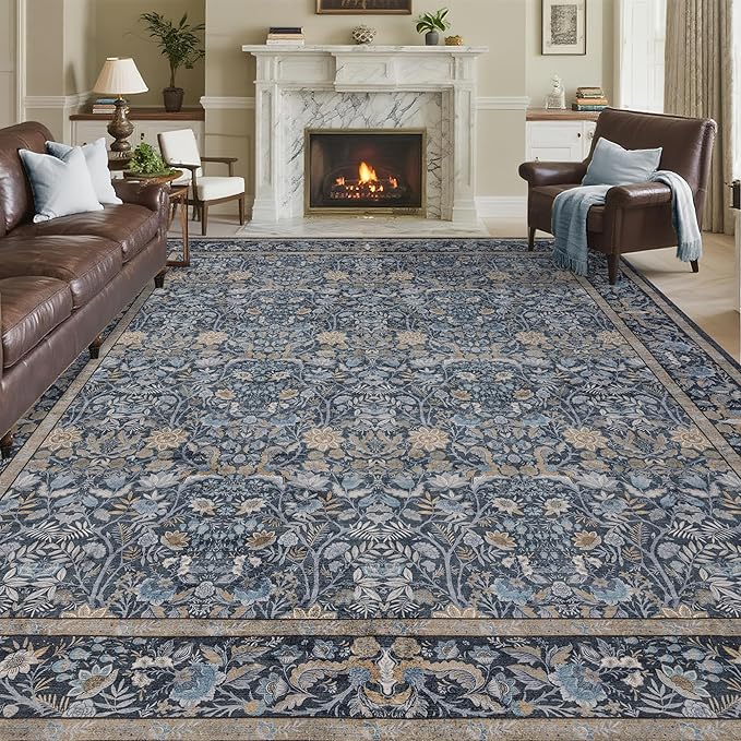 Washable Living Room Rug: 10x14 Boho Floral Soft Area Rug for Bedroom Decor - Vintage Low Pile Thin Carpet for Dining Room Non-Slip - Farmhouse Stain Resistant Rugs - Slate Blue