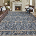 Washable Living Room Rug: 9x12 Boho Floral Soft Area Rug for Bedroom Decor - Vintage Low Pile Thin Carpet for Dining Room Non-Slip - Farmhouse Stain Resistant Rugs - Slate Blue
