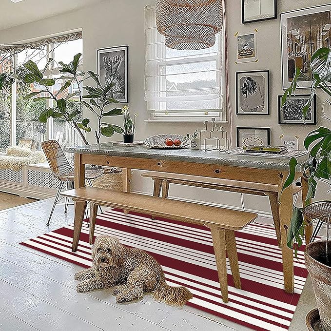 KOZYFLY Striped Outdoor Rug 3x5 Ft Red and White Christmas Front Door Rug Woven Area Rug Washable Doormats Indoor Entrance Mat for Kitchen Entryway Patio Front Porch Holiday Decor