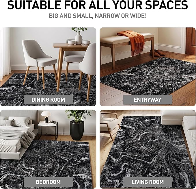 Rugshop Abstract Marble Shag Area Rug Anthracite Dark Gray 4' x 6' Ideal for Small Living Rooms, Offices, or Beside The Bed