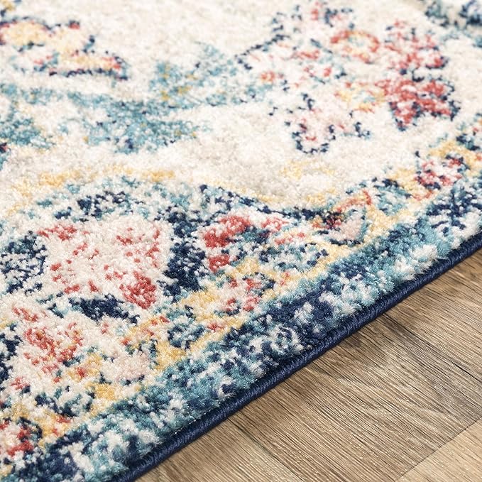 Livabliss Area Rugs - 5x7 Odelia Vintage Boho Aqua Burgandy Blue Area Rug for Living Room Bedroom - Floral Medallion Stain Resistant Carpet for Kitchen, Nursery, Office (5'3" x 7'3")