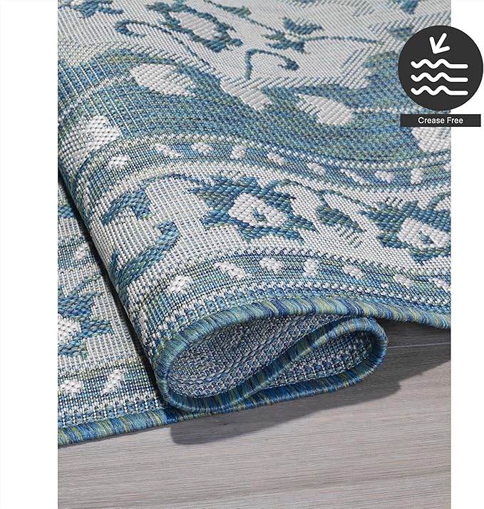 FH Home Flat Woven Outdoor Rug - Waterproof, Easy to Clean, Stain Resistant - Premium Polypropylene Yarn - Vintage - Patio, Porch, Deck, Balcony - Shiraz - Ocean - 5ft 4in x 7ft 6in