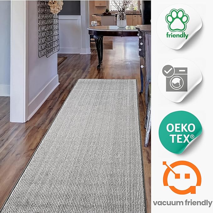 35ft Custom Size Runner Rug by The Foot for Extra Long Hallways - Striped Grey | Non-Slip & Washable | No-Fray Edge Finished