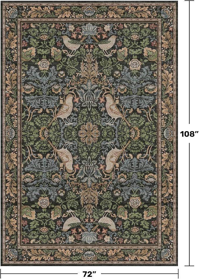 Washable Living Room Rug 6x9 - Dark Floral Nature Rugs for Bedroom, Dining Room Kitchen Table Rug for Under Table, Office, Stain Resistant Non-Slip Large - Brown/Dark Green