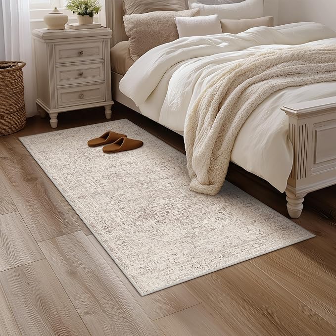Fmfunctex 2x6 Hallway Runner Rug Beige Vintage Neutral Washable Distressed Non Slip Low Pile Traditional Indoor Carpet Soft Retro Entryway Rug for Kitchen Living Room Bedroom Bathroom Laundry Entrance