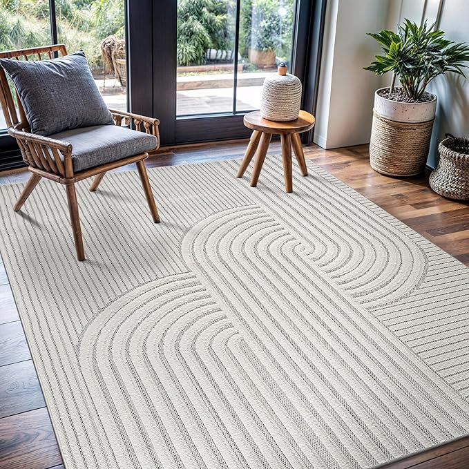 CAMILSON Modern Rug 10x14 Luxury Swirl Curved Large Micro Loop Area Rugs Soft High-Low Pile Stain Resistant Easy to Clean Non-Shedding Durable Living Room Kitchen Indoor Carpet (White)