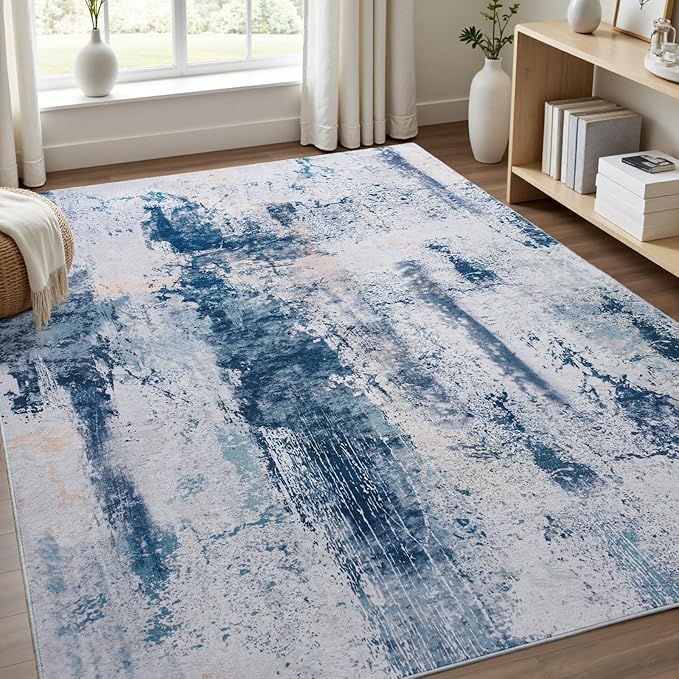 Toneed Abstract Area Rug Modern Washable Rug Soft Non Slip Rug Low Pile for Bedroom Living Room Dining Room Dusty Teal Grey 9x11 Feet