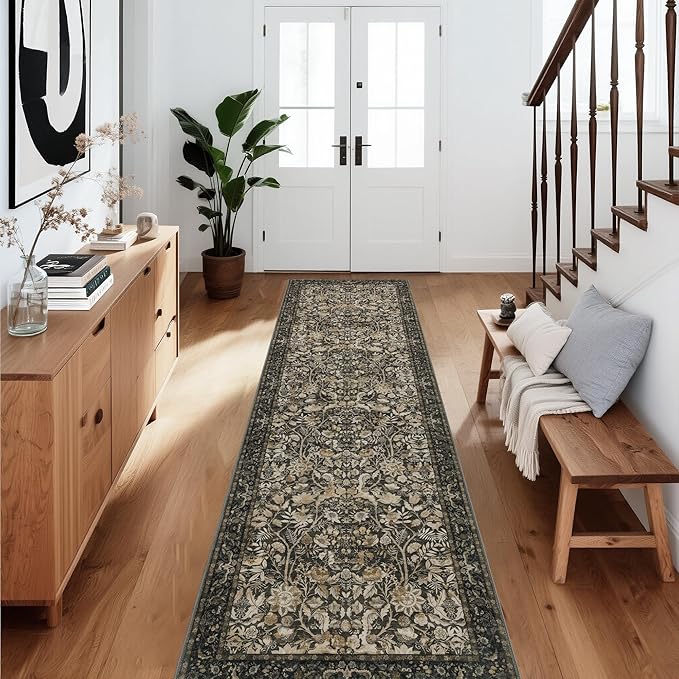 Washable Runner Rug 2x10: Vintage Boho Floral Carpet Runners for Hallway Entryway Non-Slip - Soft Botanical Low Pile Thin Mat for Kitchen Bathroom Bedroom Laundry Floor Decor - Dark Brown
