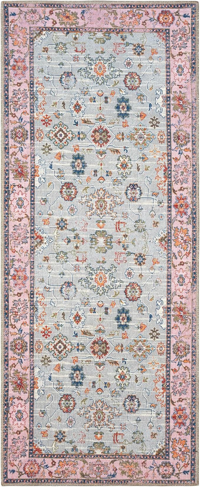 GLN Rugs Traditional Collection - Machine Washable Area Rug, Traditional Washable, Non Slip, Low Pile Chenille Rug, Living Room, Bedroom, Kitchen Rug (2'6" x 10' Pink/Blue/Multicolor)